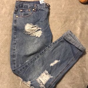 Destructed bf fit denim with roll cuff bottom